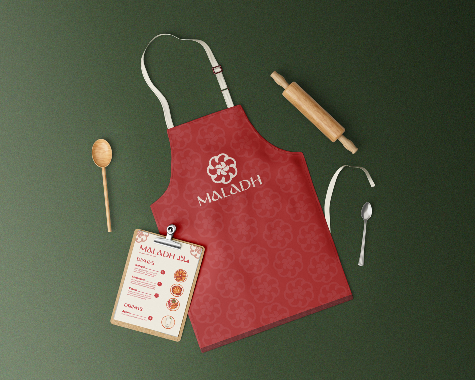 Syrian restaurant menu and apron design.